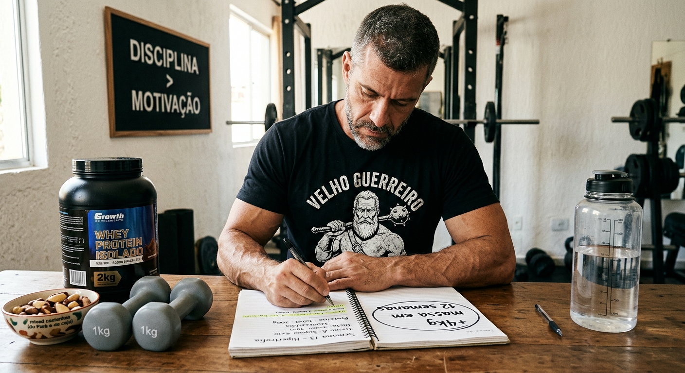 Homem 40 anos ganhando massa muscular em casa