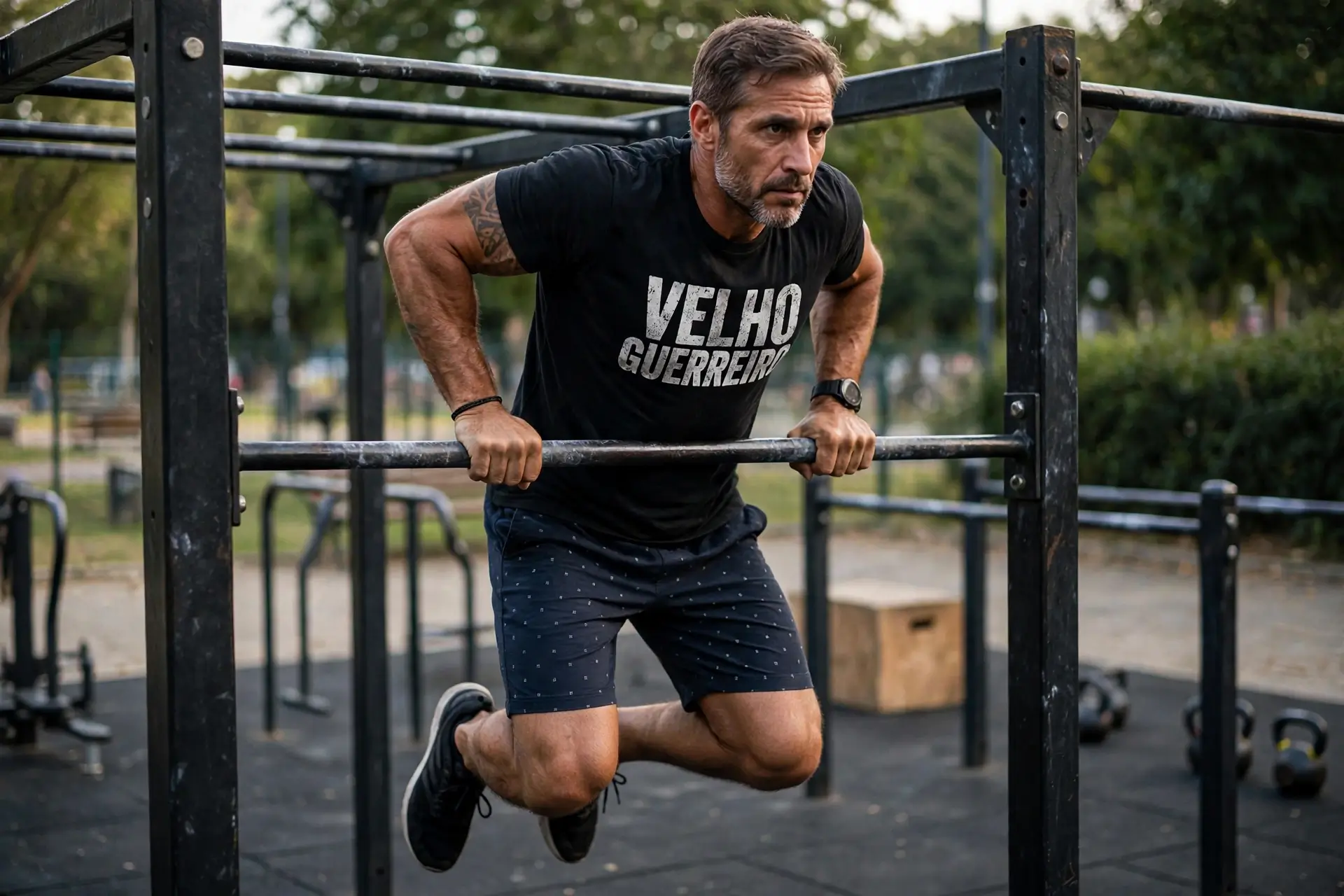 Velho Guerreiro fazendo muscle up em casa
