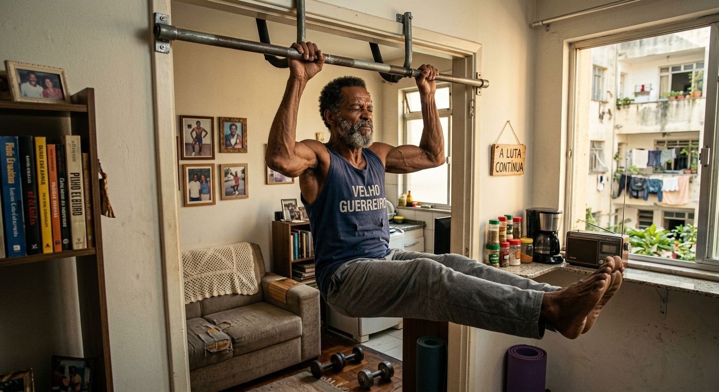 Homem com mais de 40 anos fazendo barra fixa em casa com boa forma