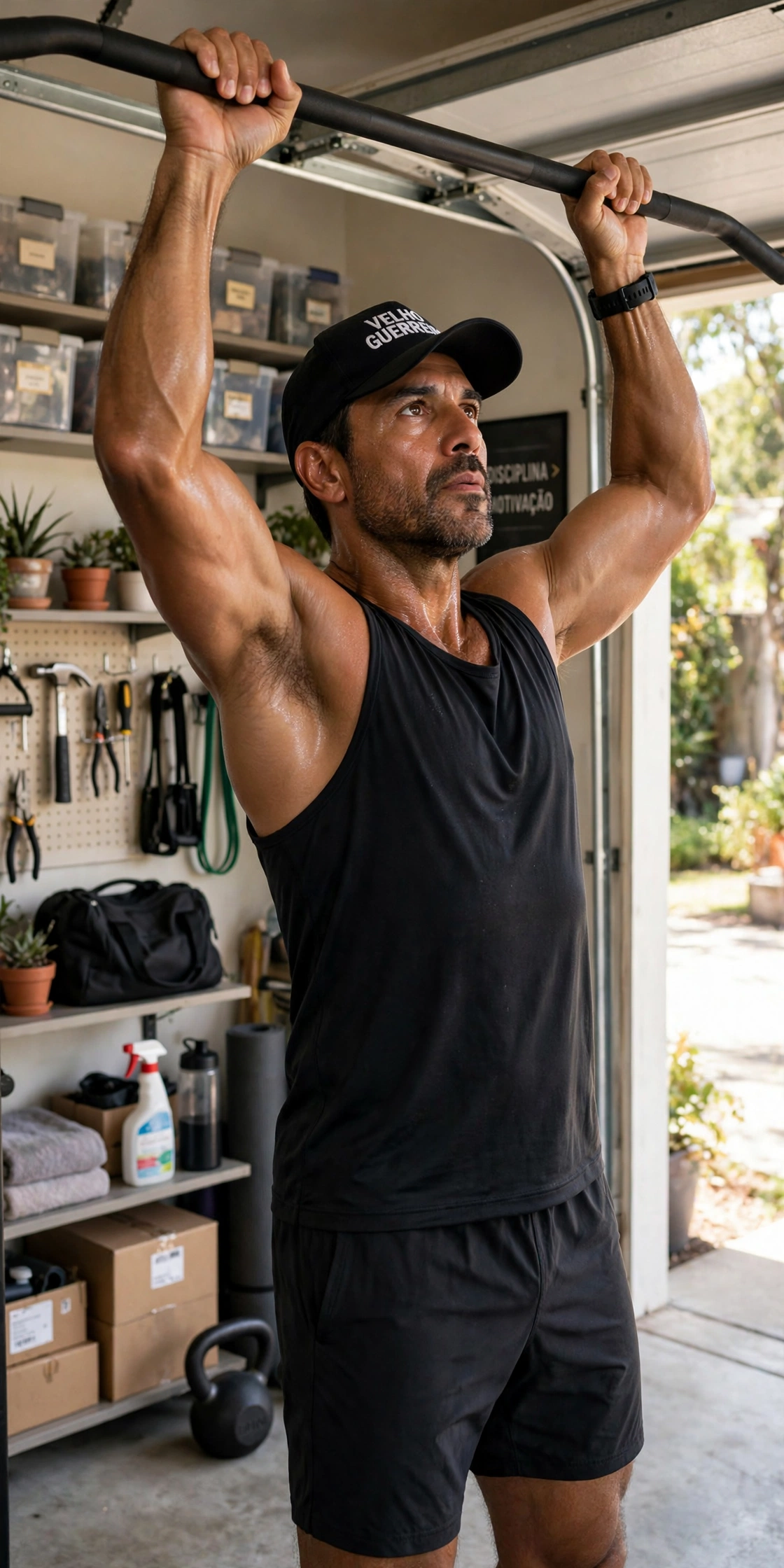 Homem 40+ treinando em casa com barra fixa - qualidade de vida