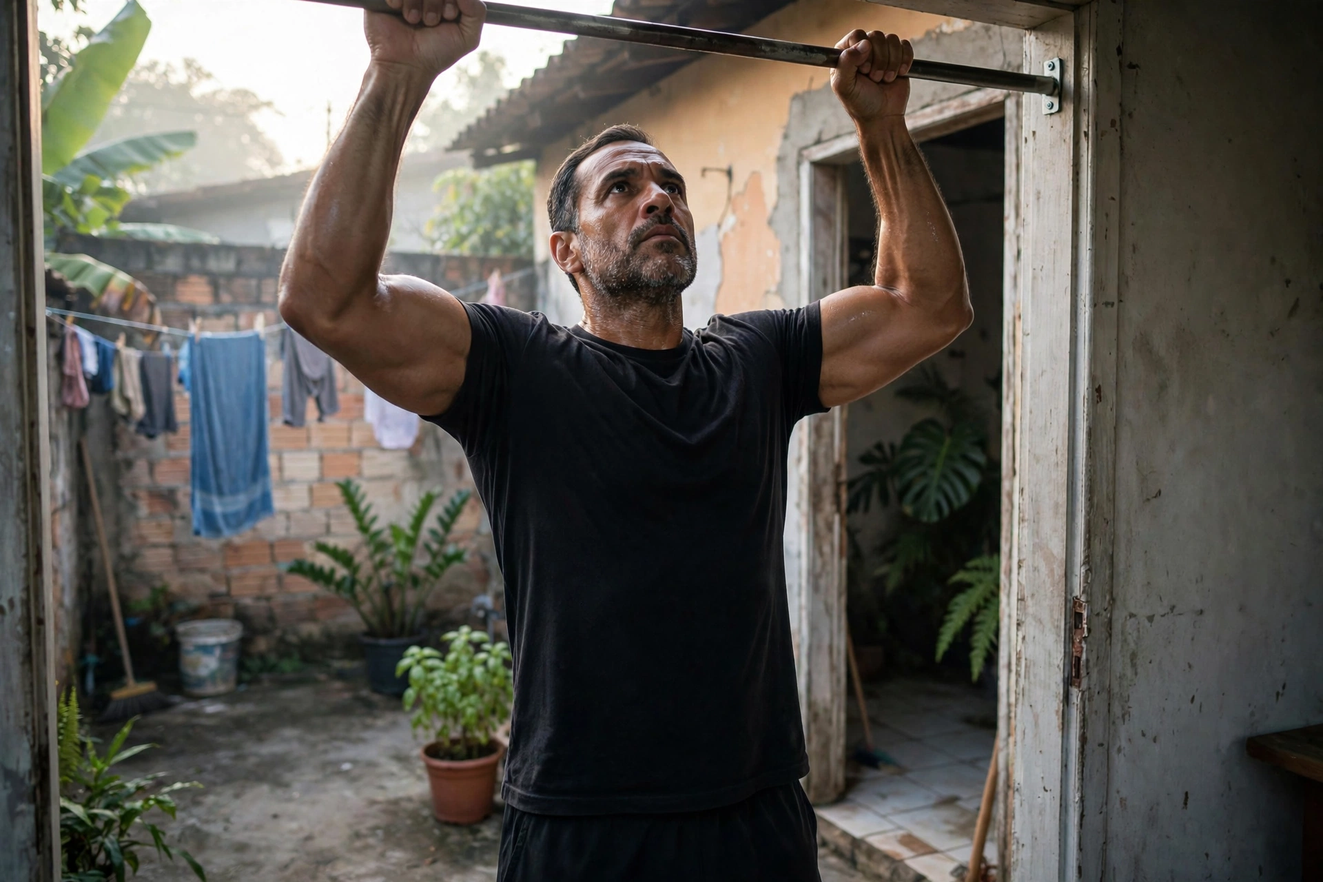Homem com mais de 40 anos treinando barra fixa em casa no quintal